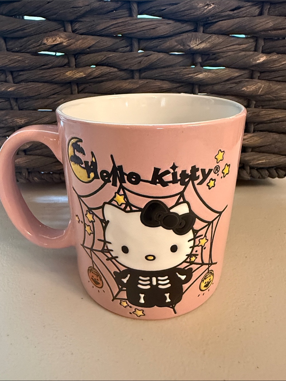 Hello Kitty Sanrio Mug - Spooky Halloween skeleton design - Pink and Black